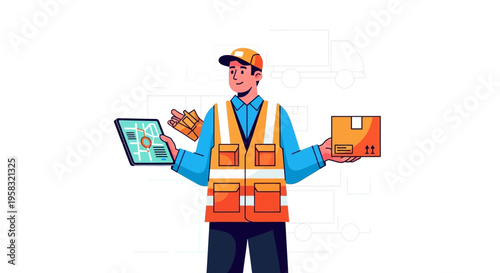 Delivery man holding package and tablet computer.