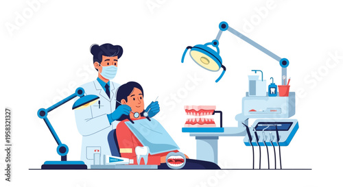 Dentist examining patients teeth with modern equipment.