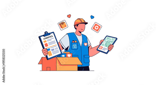 Delivery man holding clipboard and tablet with packages.