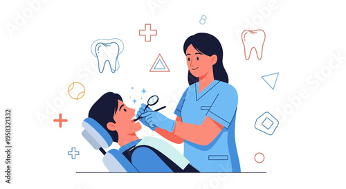 Dentist examining patients teeth with tools.