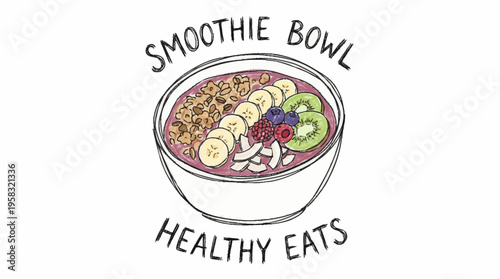 A naive hand drawn illustration of a smoothie bowl with fruit and granola