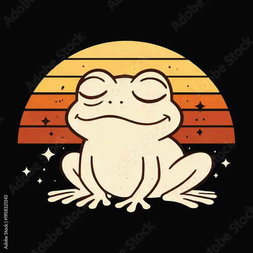 Lazy Frog Line Art Retro Sunset T-Shirt Vector Design