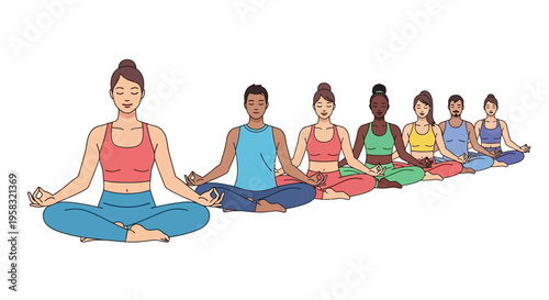 Diverse group of people meditating together in a yoga class.