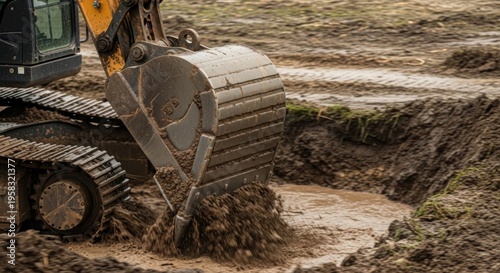 Excavator digging in muddy terrain with gravel and soil being moved. Heavy working equipment operates efficiently on construction site, demonstrating power and functionality.