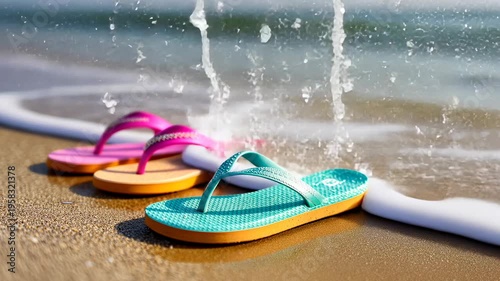 Vibrant flipflops on sandy beach with gentle waves and splashing water