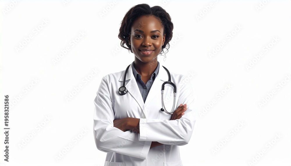 Fototapeta premium Confident female doctor with stethoscope and arms crossed, looking at the camera with a friendly smile