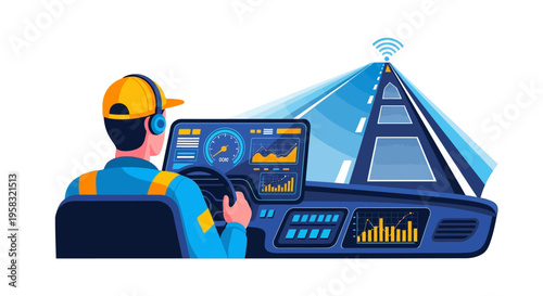 Driver using advanced technology in a modern truck cabin.