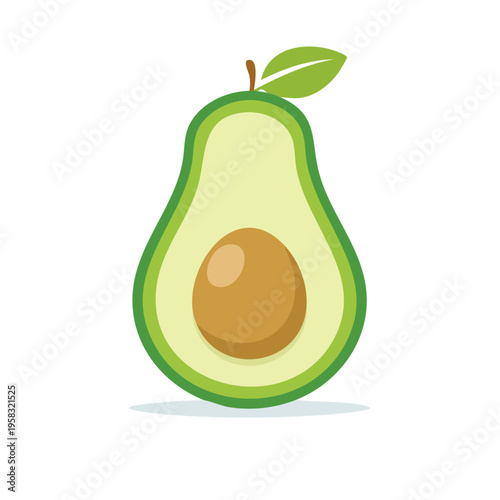 Stylized Avocado Halved with Seed and Leaf Isolated Flat Illustration