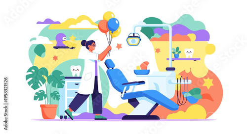 Dentist holding balloons for child patient.