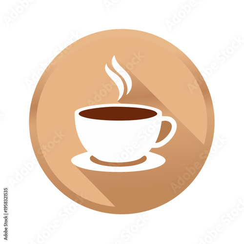 Steaming cup of coffee in a saucer with long shadow flat design icon