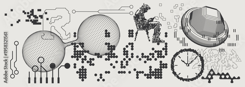 Abstract Vector Graphics Collection, Y2K Brutalist Style, Cyberpunk Glitch Elements, Pixelated Geometric Shapes.