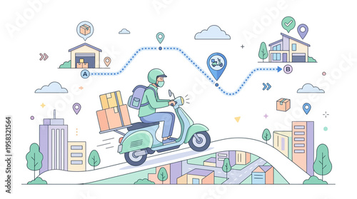 Delivery man riding scooter with packages in city.