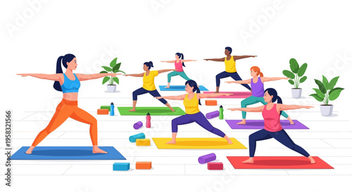 Diverse group of people practicing yoga together in a studio setting.