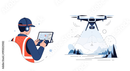 Drone surveying technology and operator illustration.