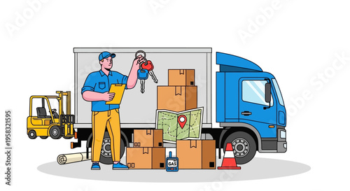Delivery man with boxes and truck illustration.