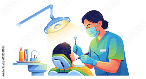 Dentist performing dental examination on patient with modern equipment.