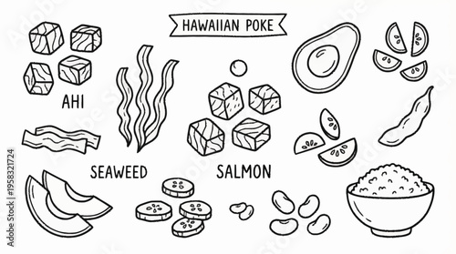 Hawaiian Poke Bowl Illustration with Fresh Ahi Salmon Avocado and Seaweed