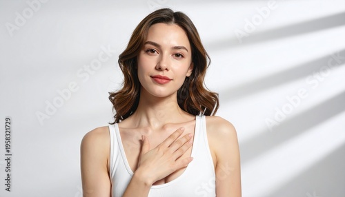 Radiant young woman with natural beauty and a tender expression, gently placing her hand on her chest, highlighted by soft light and elegant striped shadows, conveying serenity and wellness