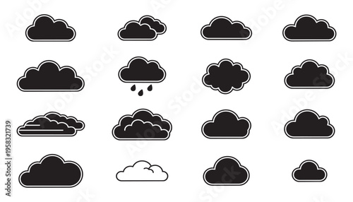 Cloud vector illustration set presenting different shapes and types, including rainy cloud