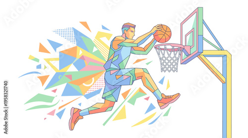 Dynamic Basketball Player Dunking with Abstract Energy Burst.