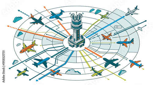 Isometric illustration of air traffic control managing multiple aircraft flights, depicting complex flight paths and airspace navigation.