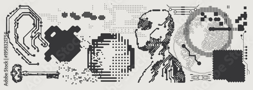 Abstract Vector Graphics Collection, Y2K Brutalist Style, Cyberpunk Glitch Elements, Pixelated Geometric Shapes.
