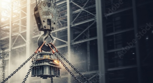 Heavy working equipment with crane lifting industrial machinery in construction site. Crane hook secures mechanical components surrounded by dust and debris, portraying vigorous operations.