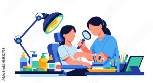 Dermatologist examining patients skin with magnifying glass.