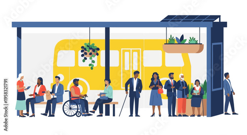 Diverse group of people waiting at a bus stop with a person in a wheelchair.