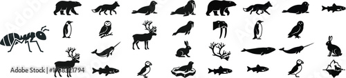 Arctic and Polar Animals Silhouette Icons– Wildlife, Marine Life & Bird Vector Set