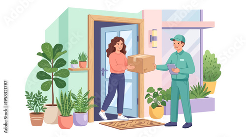 Delivery person hands package to woman at door.