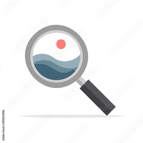 Magnifying glass examining abstract seascape with sun and waves illustration