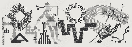 Abstract Vector Graphics Collection, Y2K Brutalist Style, Cyberpunk Glitch Elements, Pixelated Geometric Shapes.