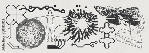 Abstract Vector Graphics Collection, Y2K Brutalist Style, Cyberpunk Glitch Elements, Pixelated Geometric Shapes.