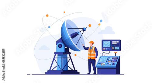Engineer working with satellite dish and control panel.