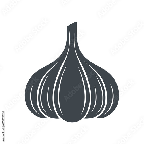 Stylized dark grey garlic bulb icon with clean lines and defined segments