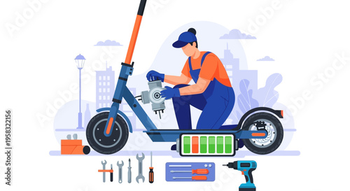 Electric Scooter Repair Service Mechanic Working on Vehicle.