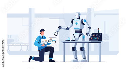 Engineer working with advanced humanoid robot technology.