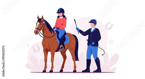 Equestrian instructor teaching a young rider on a horse.