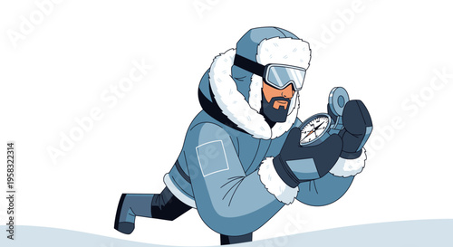 Explorer with Compass Navigating Snowy Terrain.