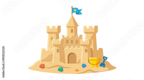 Detailed Sandcastle with Flag and Beach Toys.