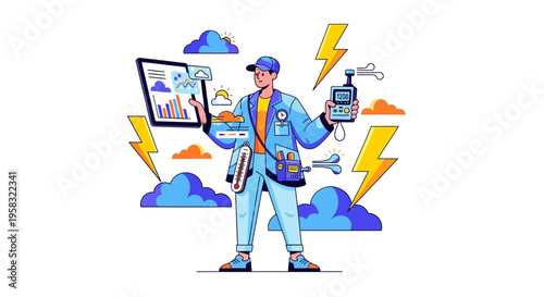 Electrician Technician Holding Tools and Tablet Analyzing Data.