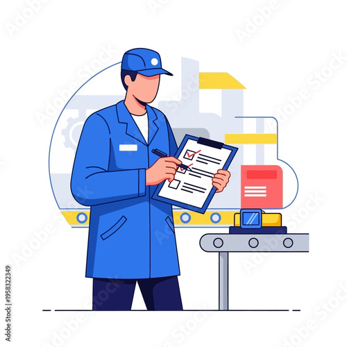Factory worker inspecting quality control checklist on production line.