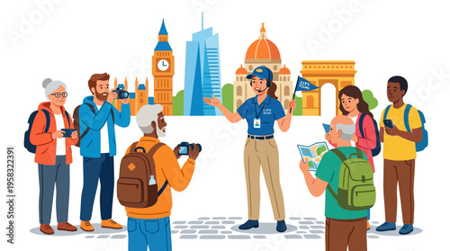 Diverse group of tourists on a guided city tour.