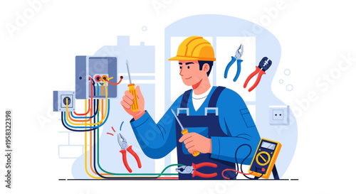 Electrician working on electrical panel with tools and equipment.