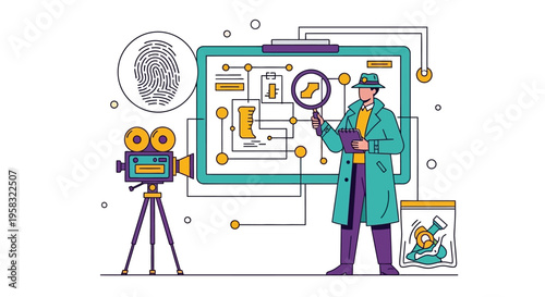 Detective Investigating Clues on a Digital Board.
