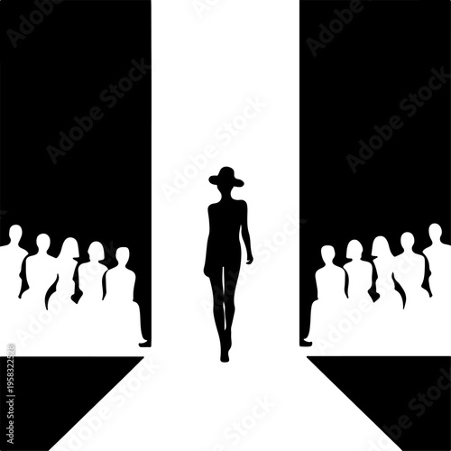 Minimal Fashion Runway Silhouette with Model Walking on Catwalk Stage