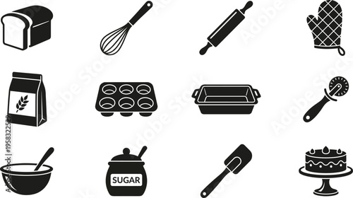 Baking and Kitchen Utensils Silhouette Icons – Bakery Tools, Bread and Dessert Vector Set