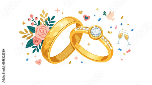 Elegant Gold Wedding Rings with Diamond Engagement Ring.