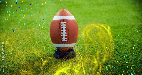 Animation of falling confetti and abstract pattern and rugby ball over stand on ground